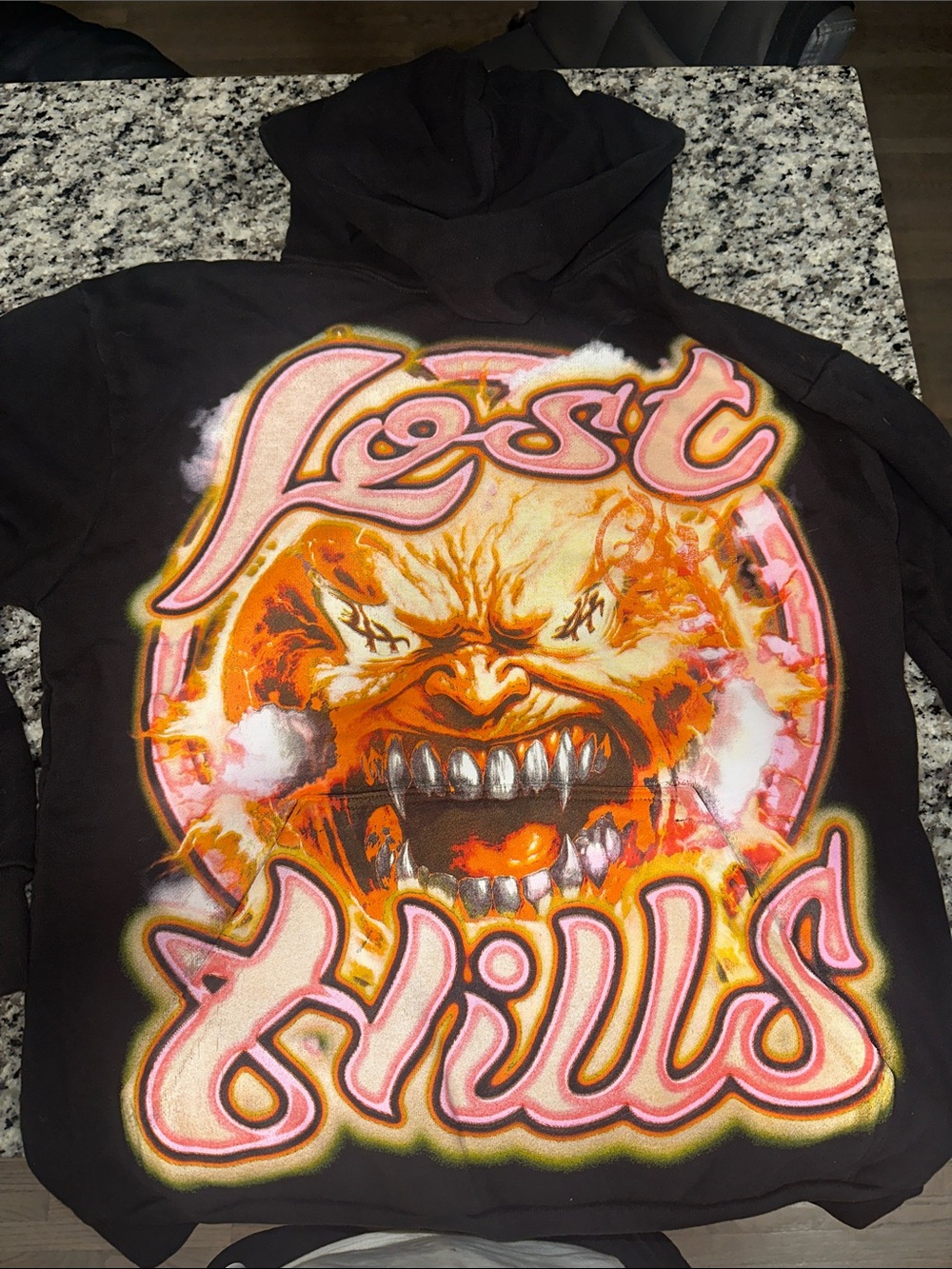 Mens Graphic Hoodie - Black with Orange Monster Print